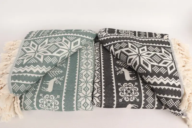 Custom Beach Blanket, 96x88 Cotton Christmas Design, Woven Throw Blanket, Custom Blanket, Deer Pattern Towel, Tablecloth, Turkish Cotton Blanket - 5