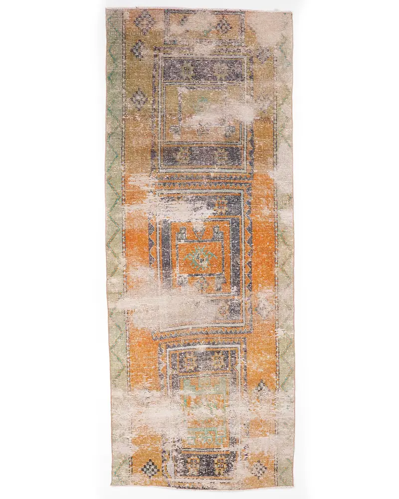 Canlı Turuncu ve Yeşil Halı, 3,4x9 ft Patchwork Tasarım