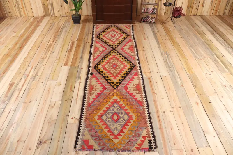 Alfombra vintage turca, alfombra Kilim de 2,9x10,4 pies, alfombra sólida naranja roja - 1