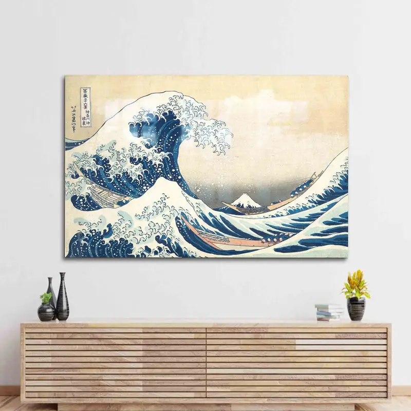 Contemporary Hokusai Seascape Printed Glass - Elegant Abstract Design