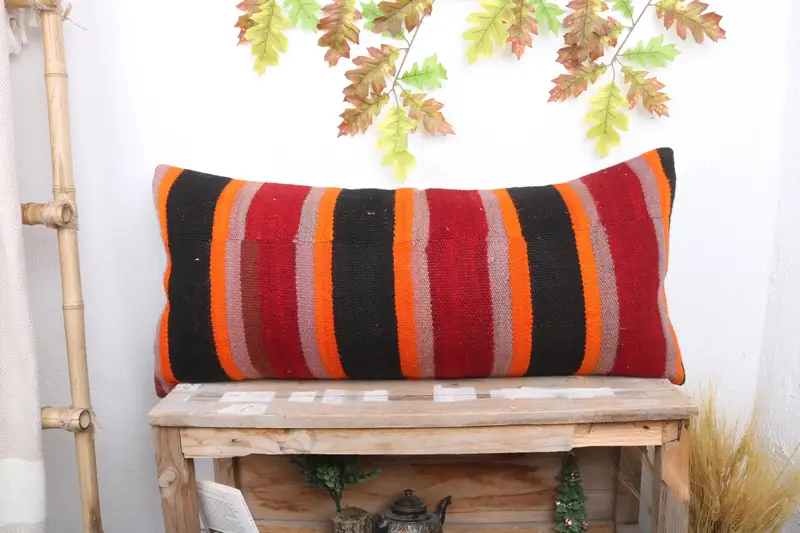 Ethnical Kilim Rug Pillow, 16x36 Red Cushion Case, Turkish Kilim Pillow, Pillow Cover, Kilim Pillow Cover, Accent Cushion - 1