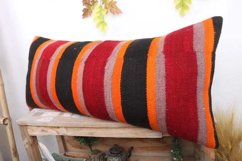 Ethnical Kilim Rug Pillow, 16x36 Red Cushion Case, Turkish Kilim Pillow, Pillow Cover, Kilim Pillow Cover, Accent Cushion - 4