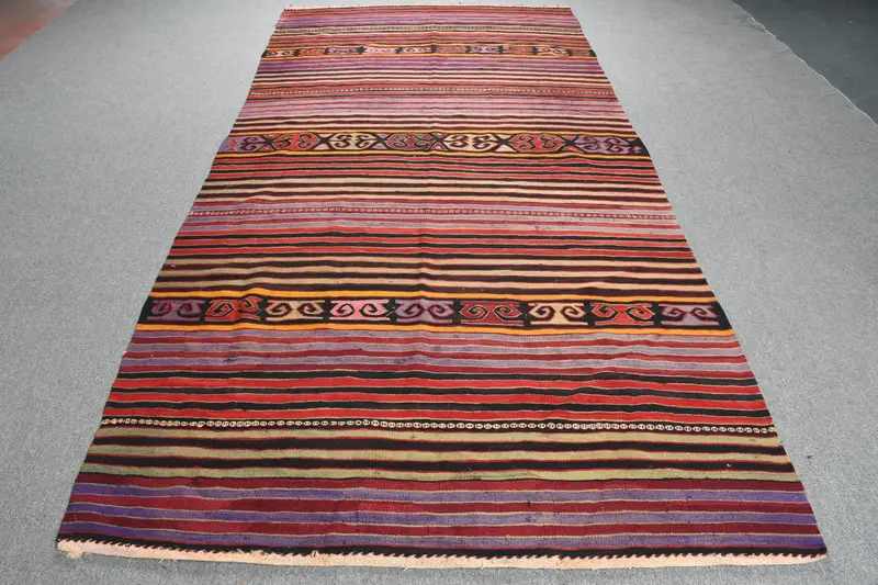 Turkish Large Rug 5x10.9 ft, Vintage Kilim Red Bordered Wool Rug - 1