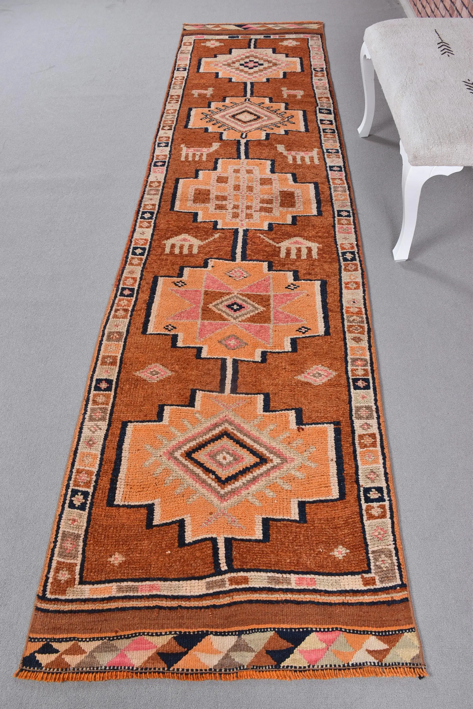 Turkish Rug, Runner 2.8x11.2 ft Vintage Rug, Brown Camouflage Wool Rug - 1