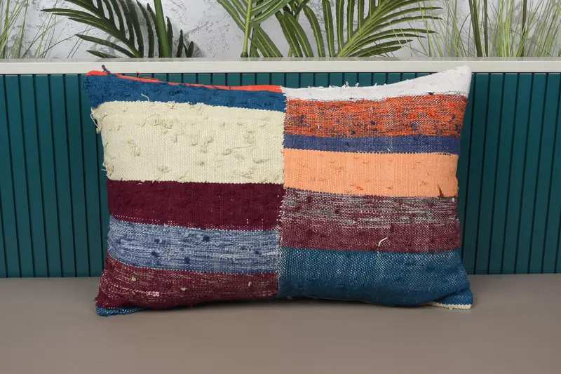 Mavi ve Mor Keten Kırlent, El Yapımı Patchwork Yastık