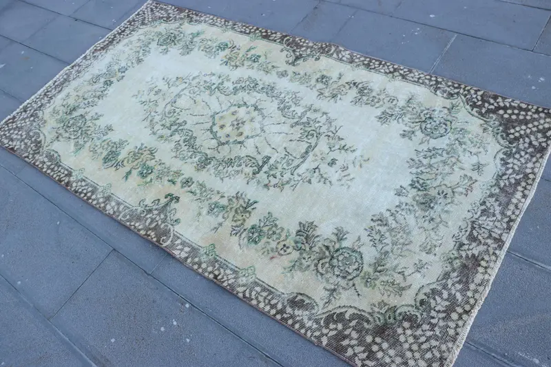 3.7x7 ft Vintage Alan Halısı, Yeşil Kahverengi Türk Fas Yün Halısı - 1