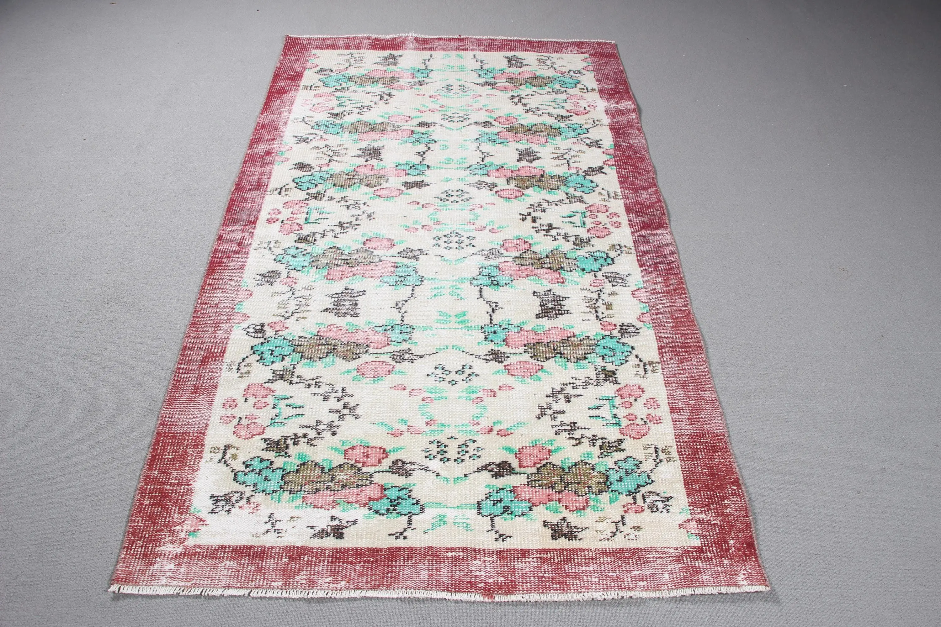 Turkish Vintage Rug, 3.8x6.5 ft Rug, Red White Striped Wool Rug - 1