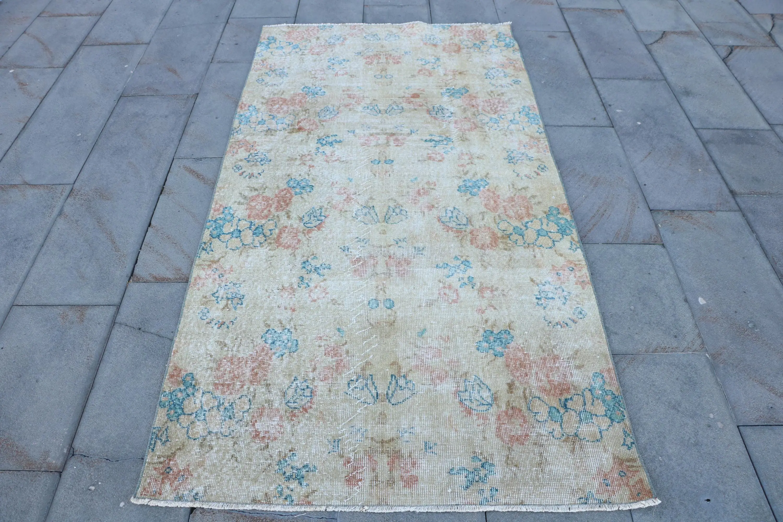 Turkish Rug 3.5x6.9 ft, Blue Pink Plants & trees Wool Vintage Rug - 1