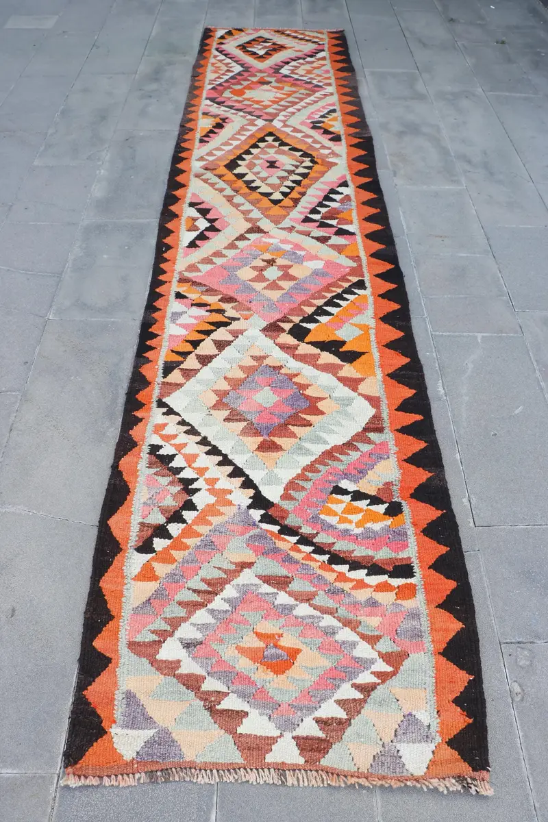 Elegant Green & Orange Check Rug, 2.8x13 ft