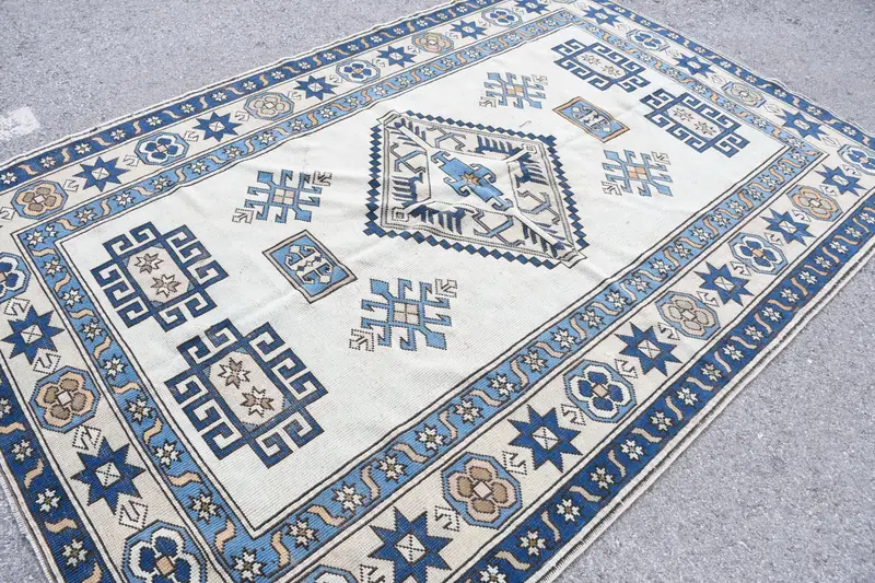 5.9x8.7 ft Vintage Türk Halısı, Büyük Halı, Mavi Oushak Çizgili Halı - 1