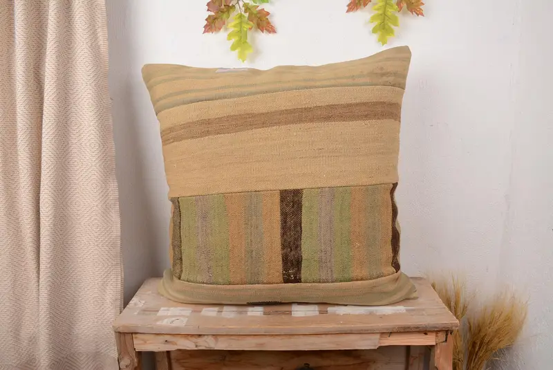 Beige & Brown Patchwork Throw Pillow, Embroidered Vintage Cushion