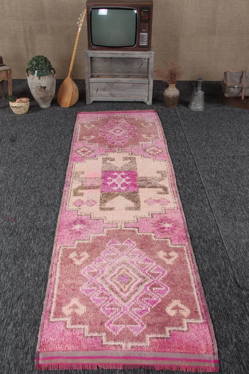 3x10.1 ft Runner Vintage Rug, Pink Striped Turkish Rug - 1