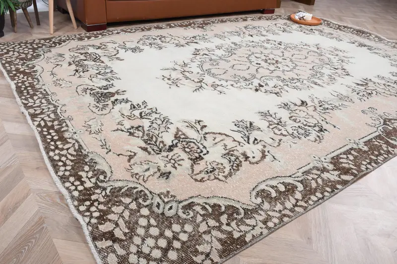 6.5x9.5 ft Büyük Vintage Türk Halısı, Kahverengi Çiçekli Yün Halı - 1