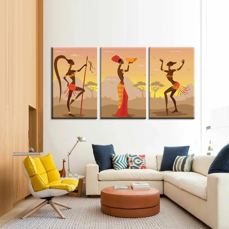 Set of 3 African Girl Art Decor, Ethnic Wall Art, Black Woman For Wall, African American Artwork, African Print Art , Large Wall Art Canvas - 3