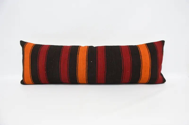 Turkish Antique Pillow Case, Red 16x48 inch Striped Rectangle Cushion Case - 1