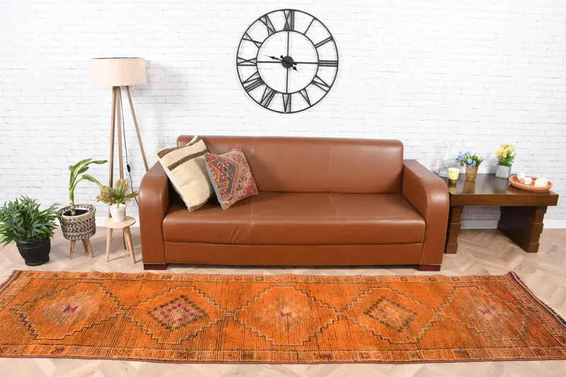 2.8x10.7 ft Turkish Vintage Rug, Runner Rug, Orange Herki Moroccan Rug - 1