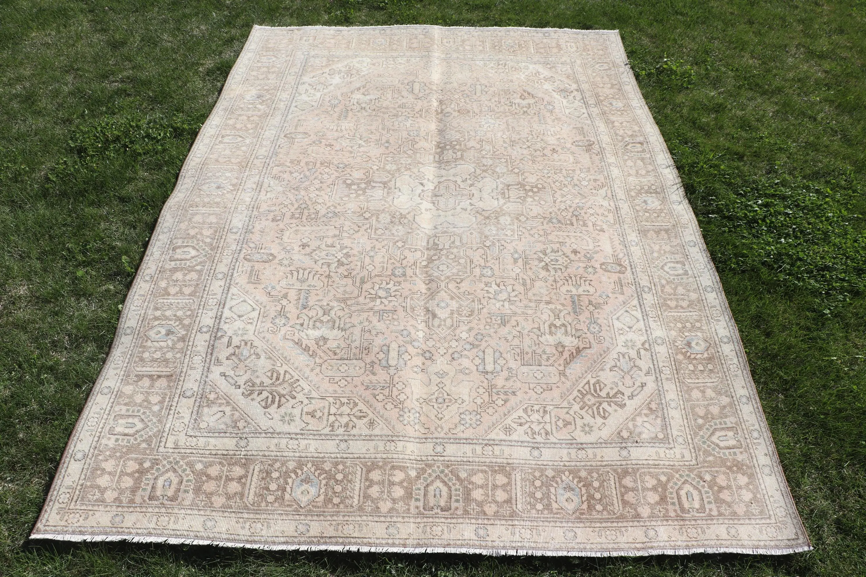 Türk Vintage Büyük Halı 6.4x9.2 ft, Kahverengi Mavi Fas Halısı - 1