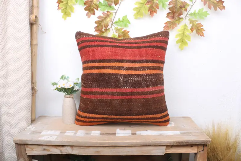 Pillow Case, Tapestry Cushion, Vintage Kilim Pillow, 18x18 Red Cushion, Pillow for Couch, Crochet Pattern Cushion Cover, Boho Pillow - 1