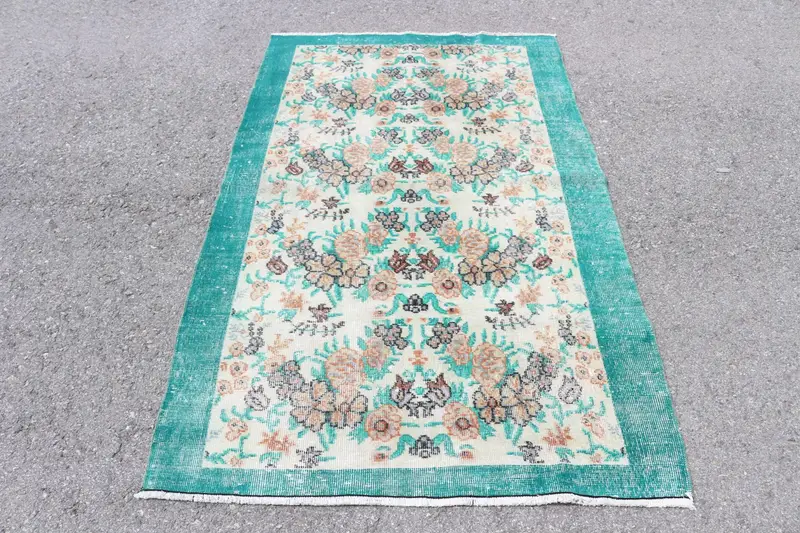 3.8x6.1 ft Halı, Türk Vintage Halısı, Mavi Kareli Yün Halı - 1