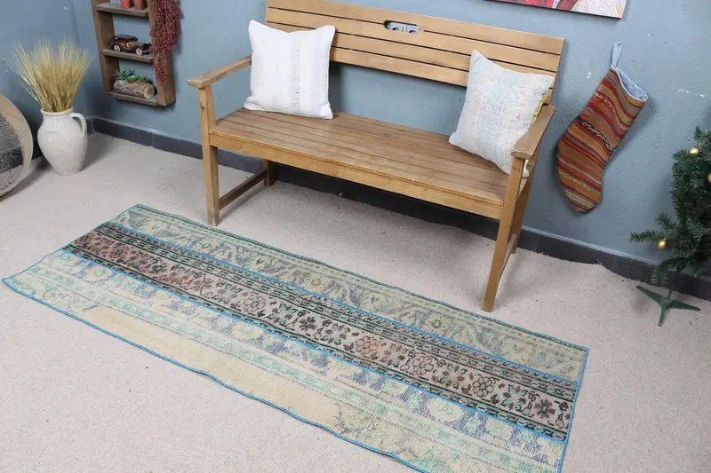 Elegante alfombra persa verde y beige, decoración elegante de 2,4x6,5 pies