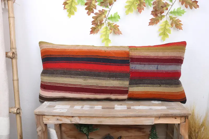 Turkish Kilim Pillow, 16x36 Red Pillow Sham, Ikat Cushion Cover, Kilim Cushion Sham, Turkish Pillow, Cushion Cover, Boho Chic Pillow Case - 1