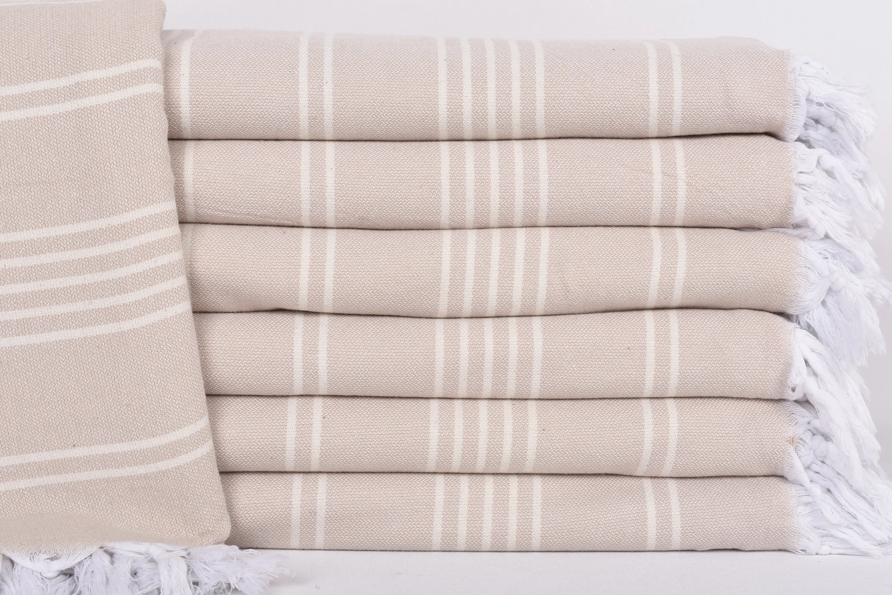 Organic Beach Blanket Beige Striped, Embroidered Throw, 95x71 Inches - 1