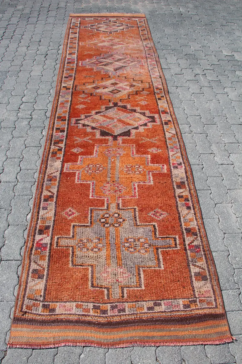 Turkish Vintage Rug 3.2x12.5 ft, Orange Herki Animal Print Rug - 1