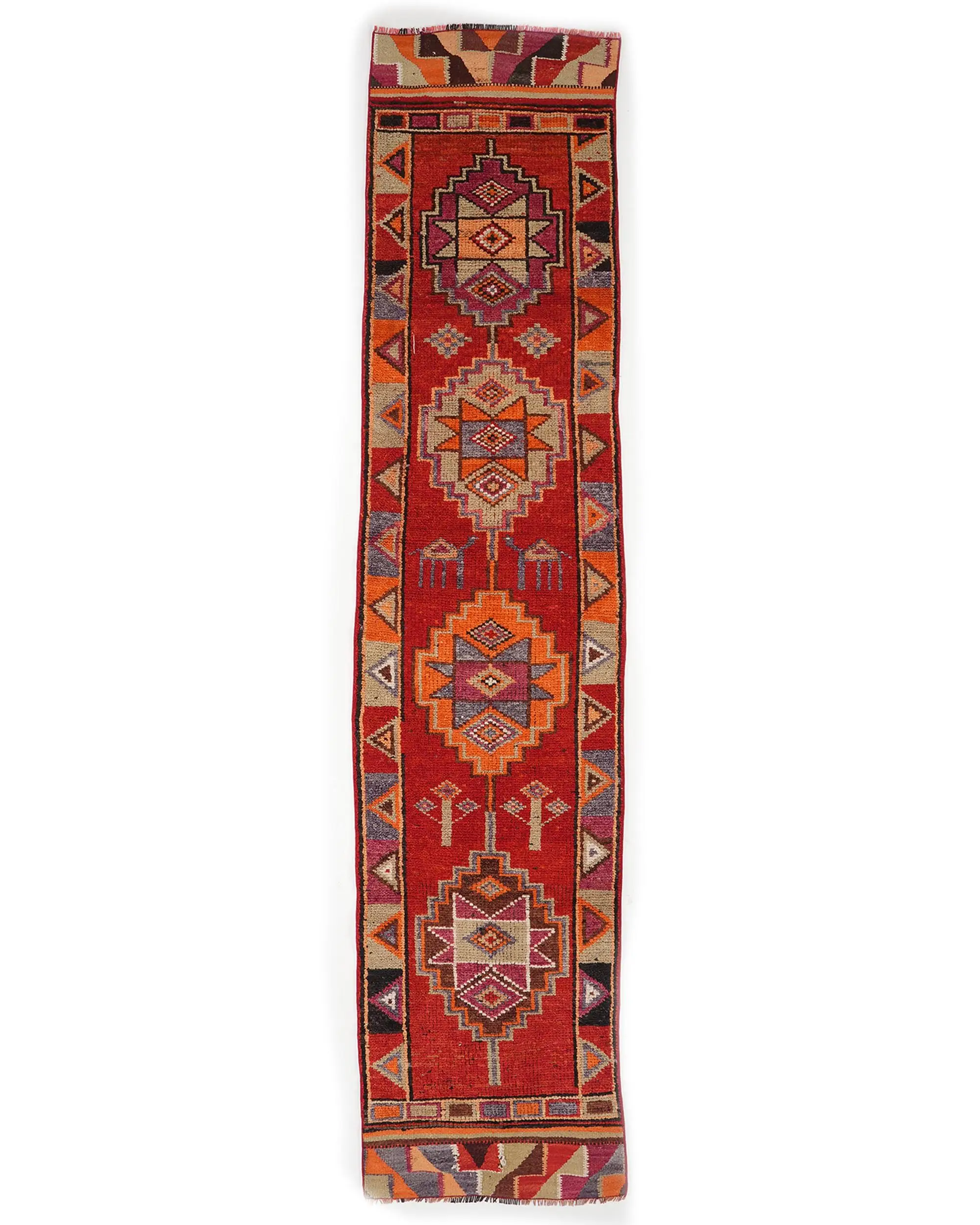 Turkish Vintage Runner Rug 2.6x11.5 ft (78x351 cm), Red Floral Herki Rug - 1