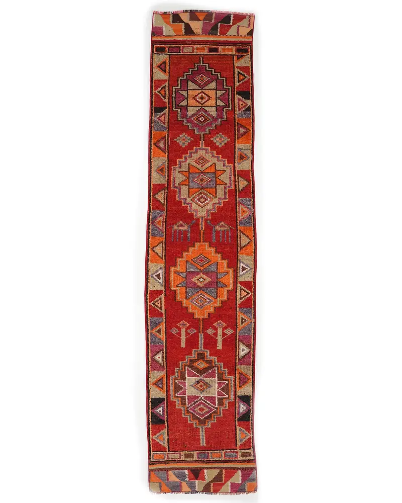 Red, Orange Geometric Rug, 2,6x11,5 ft Chic Decor