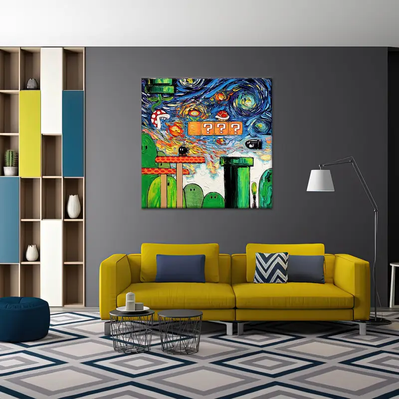 Süper Mario Dünyası Yıldızlı Gece Kanvası - Van Gogh Oyun Odası Sanatı