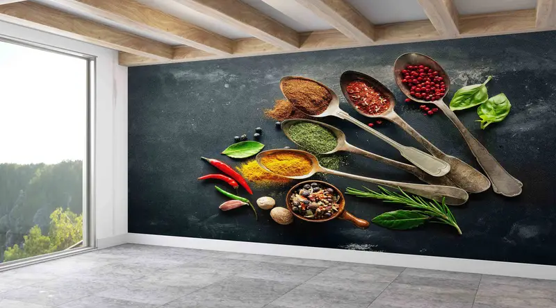 Yemek Odası ve Mutfak için Zarif Hint Baharatları Baskılı Duvar Kağıdı