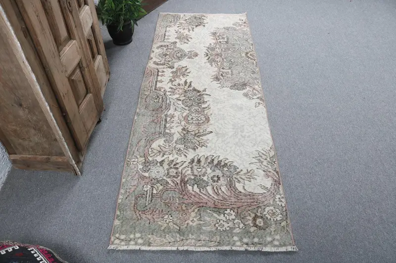 2.6x7 ft Vintage Türk Halısı, Yolluk Halısı, Gri Oushak Kamuflaj Halısı - 1
