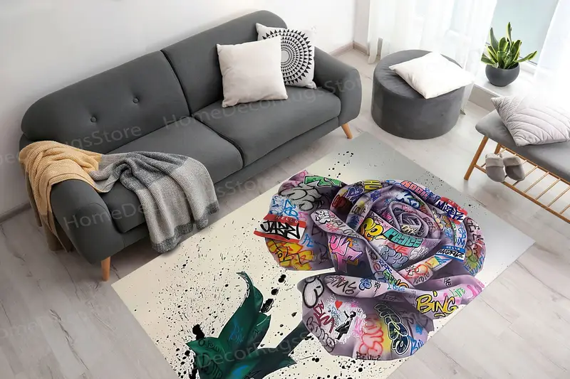 Modern Banksy Rose Graffiti Baskılı Halı - Zarif Ev Dekorasyonu