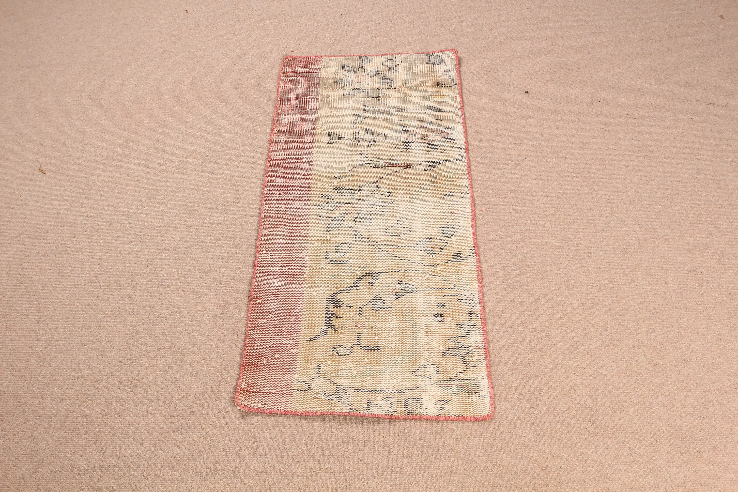 1.6x3.4 ft Turkish Vintage Rug, Small Rug, Brown Red Check Wool Rug - 1