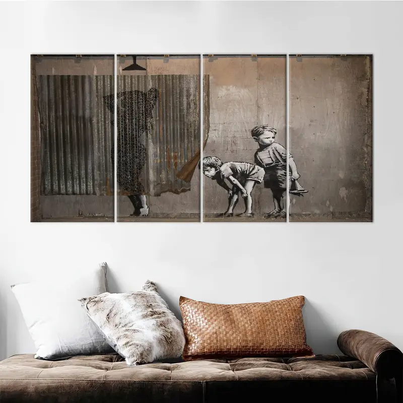 BANKSY Lady Shower, Peeping Tom Boys, Banksy Print, Banksy Poster, Banksy Art Canvas, Banksy Art, Lady Shower, Banksy Lady, Urban Wall Art, - 4