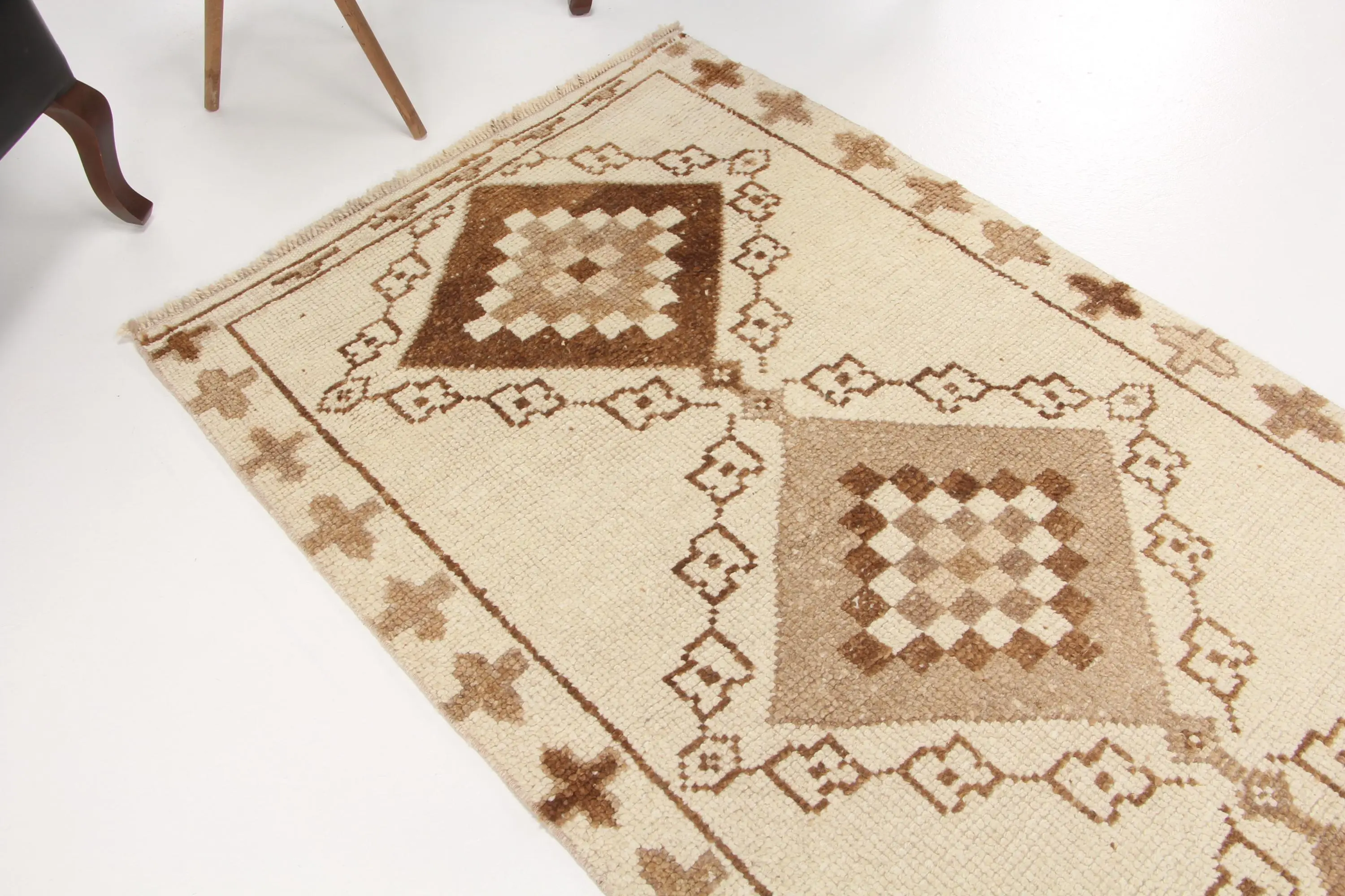 Vintage Turkish Runner Rug 3.4x12.9 ft, Brown White Abstract Wool Rug - 1