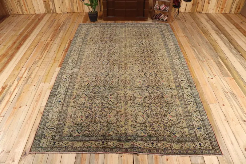 6.6x9.9 ft Vintage Rug, Oushak Rug, Blue Plants & trees Rug Wool - 1