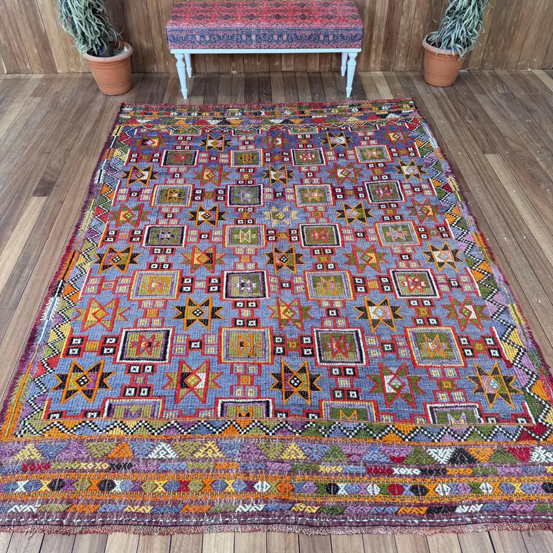 6.3x8.8 ft Vintage Rug, Turkish Large Rug, Blue Red Abstract Rug - 1