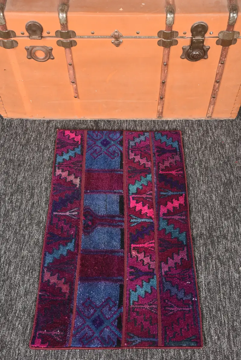 Turkish Vintage Patchwork Rug 1.7x2.8 ft (52x85 cm), Purple Patchwork Wool Rug - 1