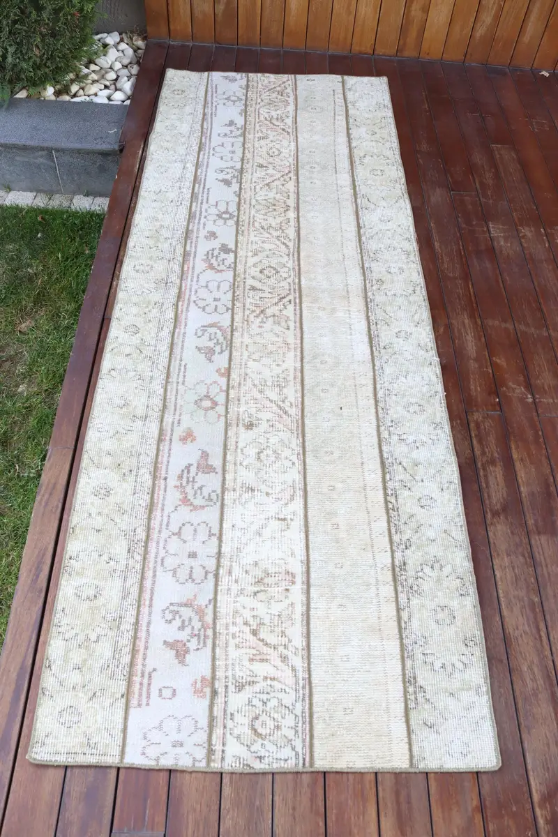 ハンドメイド モロッコ ラグ、ベージュ & ブラウン 2.8x8 フィート