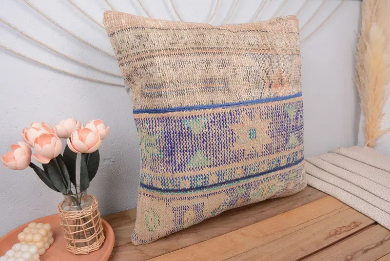 Almohada de tiro patchwork azul y beige, almohada vintage bordada 24x24