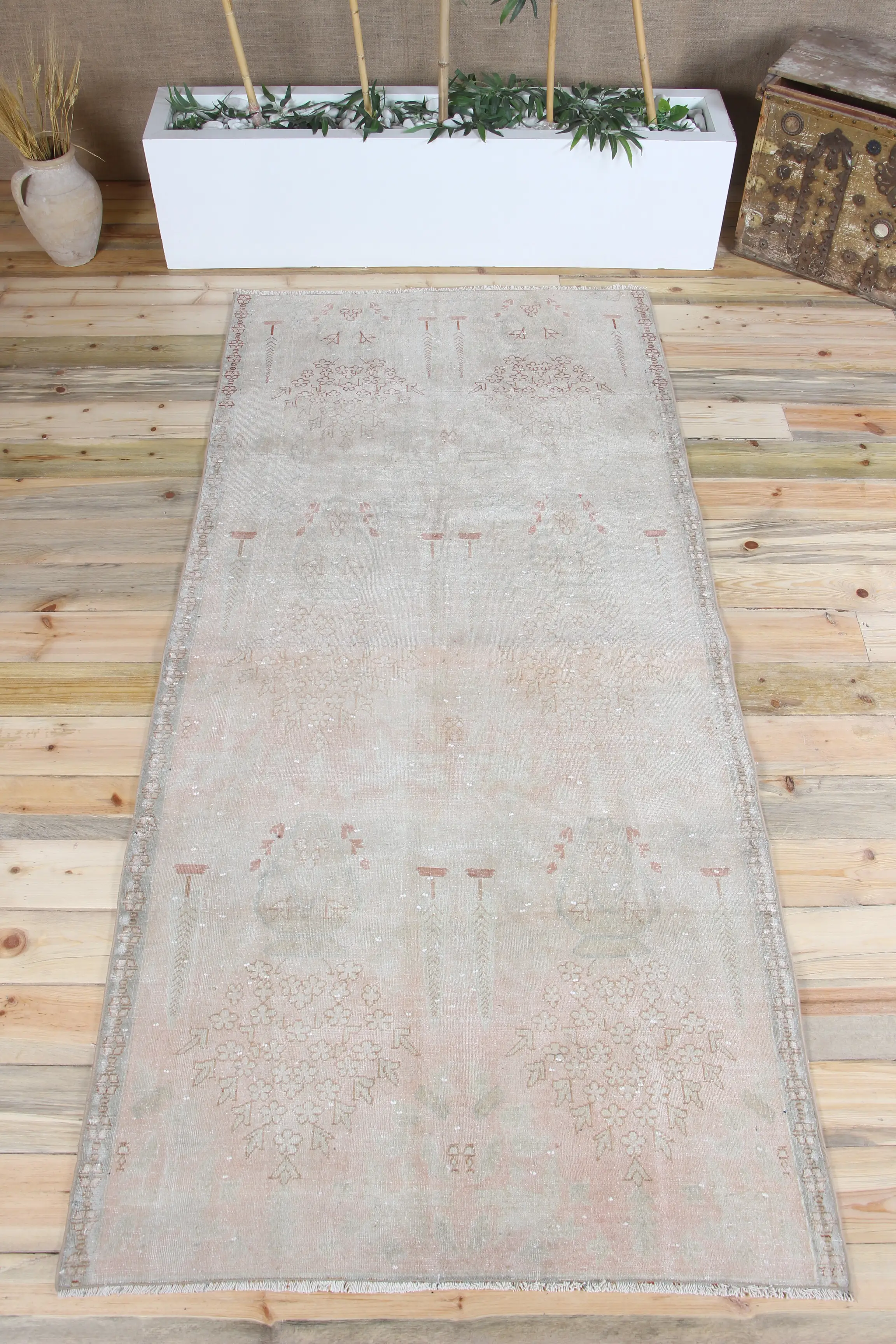 Turkish 3.8x8.4 ft Rug, Oushak Vintage Rug, Gray Floral Rug - 1