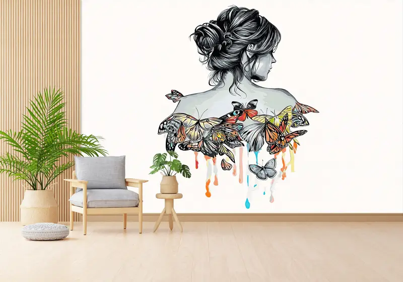 Elegante Tapete mit abstraktem Frauen-Schmetterlingsdruck für moderne Räume