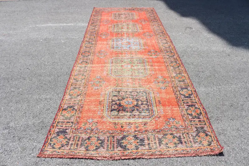 4.4x12.1 ft Türk Vintage Halısı, Yolluk Halısı, Oushak Kırmızı Yün Halısı - 1