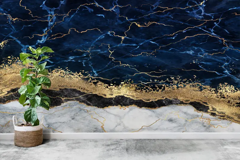 Lacivert ve Altın Mermer Çağdaş Baskılı Duvar Kağıdı