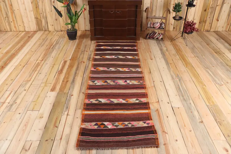Alfombra vintage, alfombra turca Runner 2.6x8.2 ft, alfombra de lana marrón Ombré - 1
