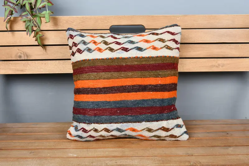 Interior Designer Pillow, Home Decor Pillow, Handmade Kilim Cushion, Floor Pillow Sham, Cushion Case, 18x18 Orange Pillow Case, Handmade Pillow - 6