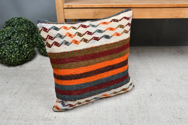 Interior Designer Pillow, Home Decor Pillow, Handmade Kilim Cushion, Floor Pillow Sham, Cushion Case, 18x18 Orange Pillow Case, Handmade Pillow - 7
