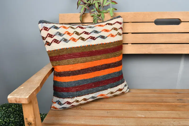 Interior Designer Pillow, Home Decor Pillow, Handmade Kilim Cushion, Floor Pillow Sham, Cushion Case, 18x18 Orange Pillow Case, Handmade Pillow - 1