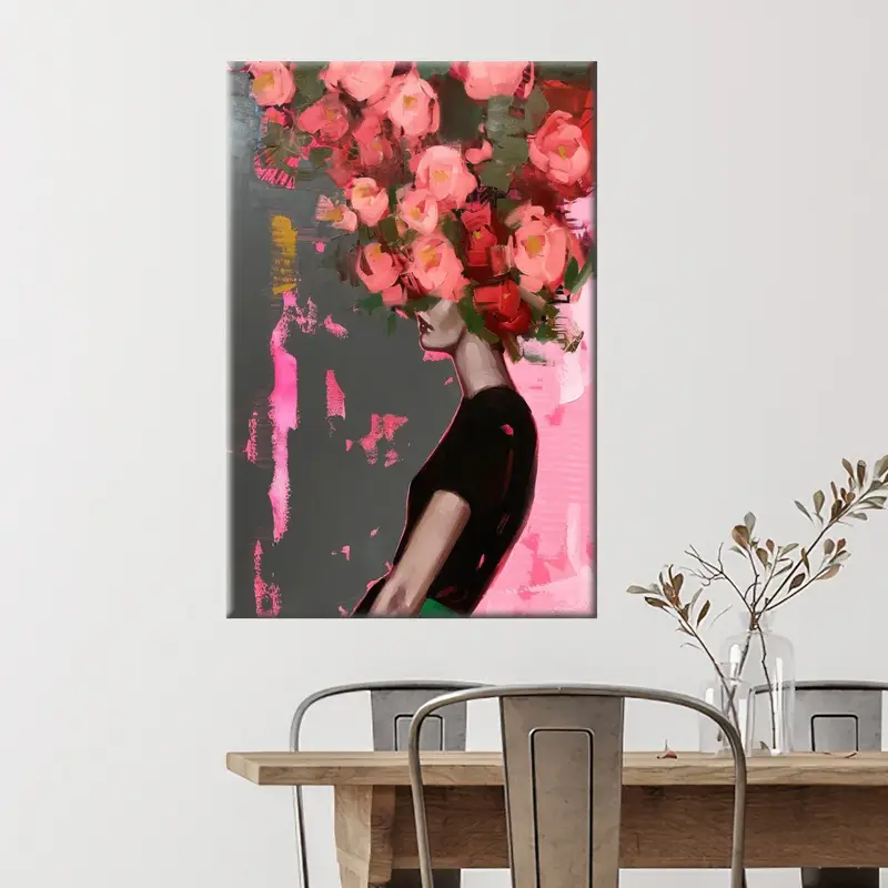 エレガントな花柄女性キャンバス: ピンク & レッドの抽象アート プリント
